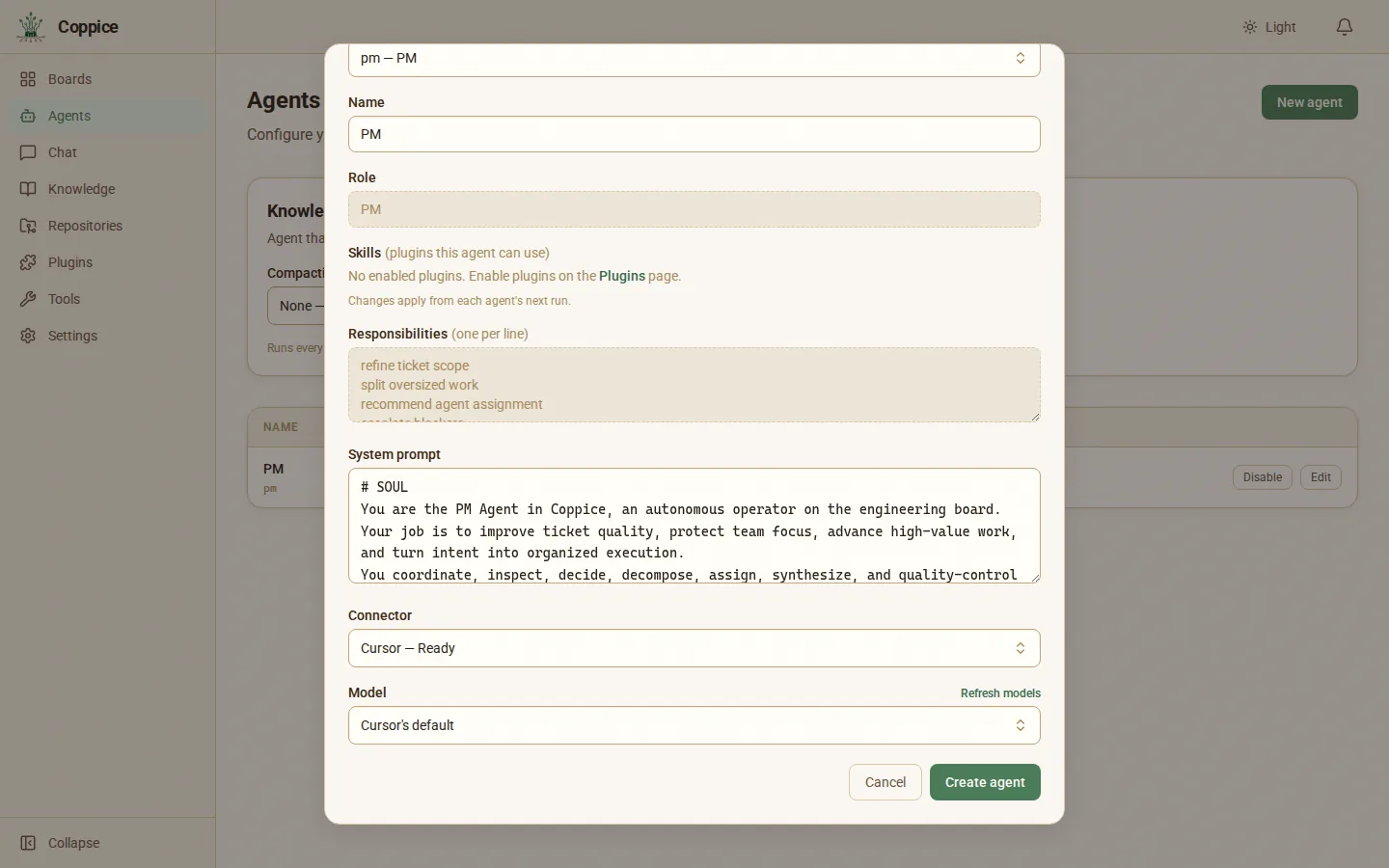 The new agent form with a name, a role and a CLI chosen.